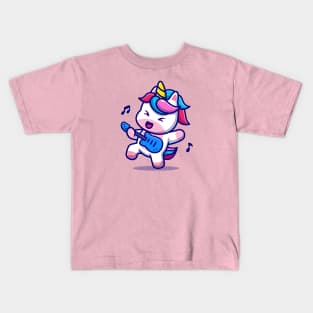 Cute Unicorn Playing Guitar Cartoon Kids T-Shirt